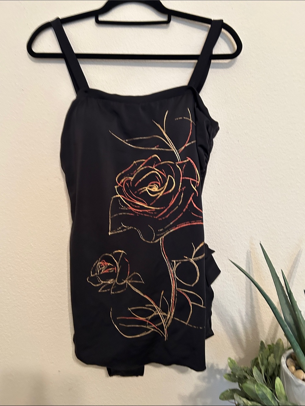Maxine Black Swimsuit with Red and Gold    Print and Side Tie